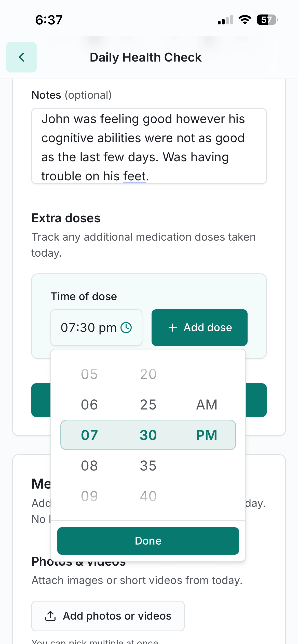 Daily health check entry form with notes, extra doses, and media upload