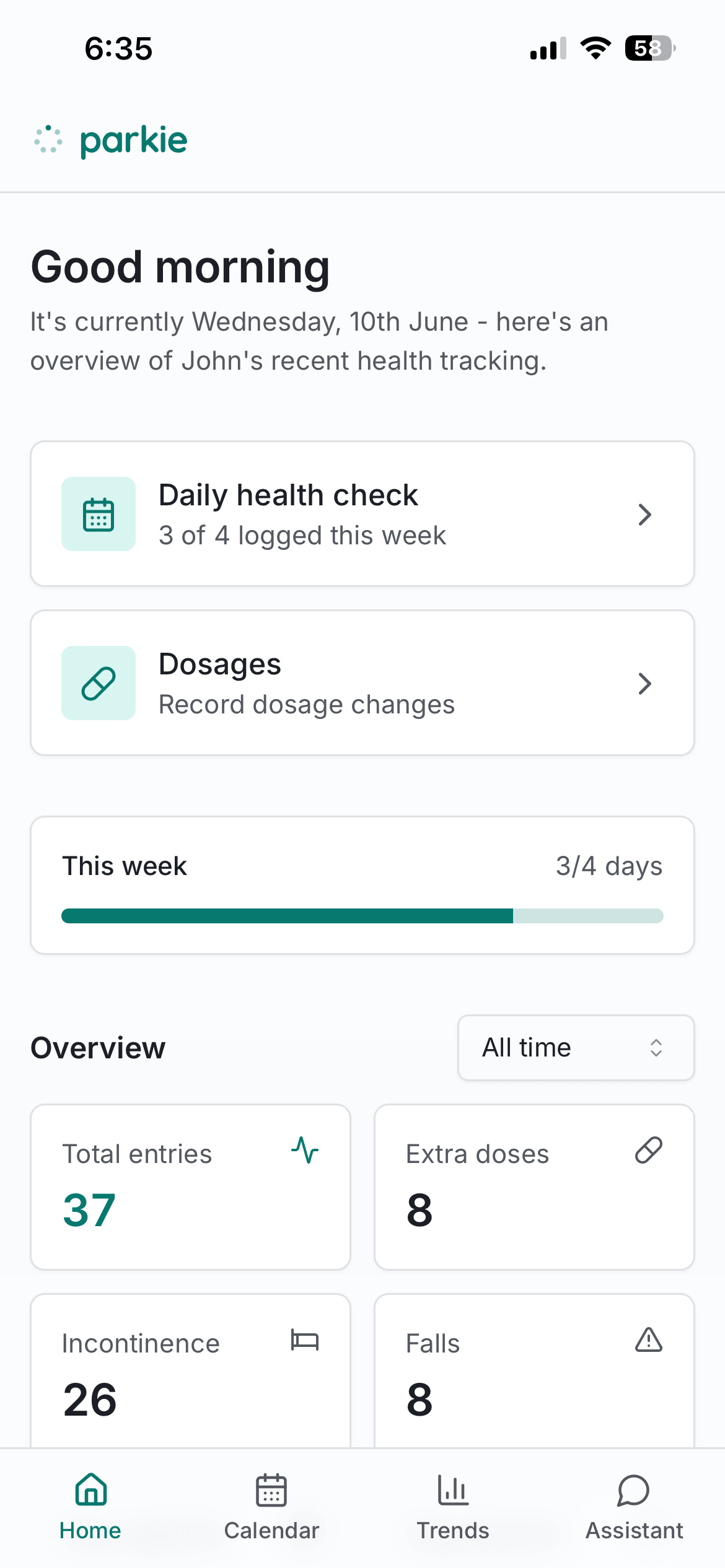 Parkie dashboard showing daily health summary and weekly stats